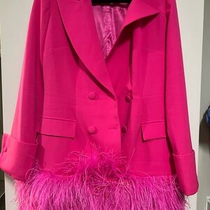 Chic Pink Feather-Trimmed Women's Blazer Dress